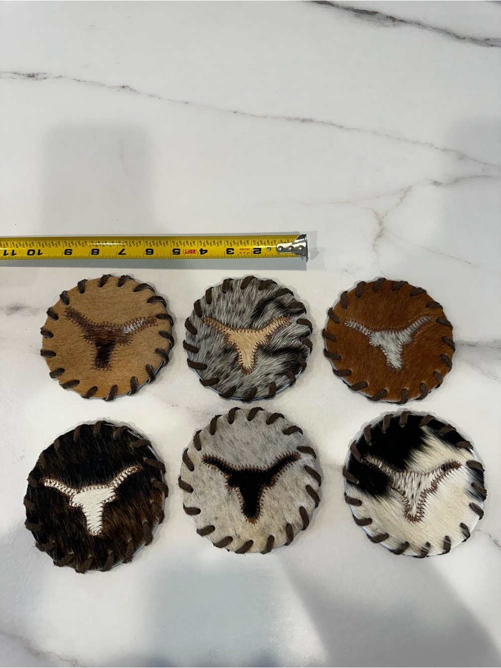 Handmade Leather & Hair-on Cowhide Longhorn Coasters - Set of 6